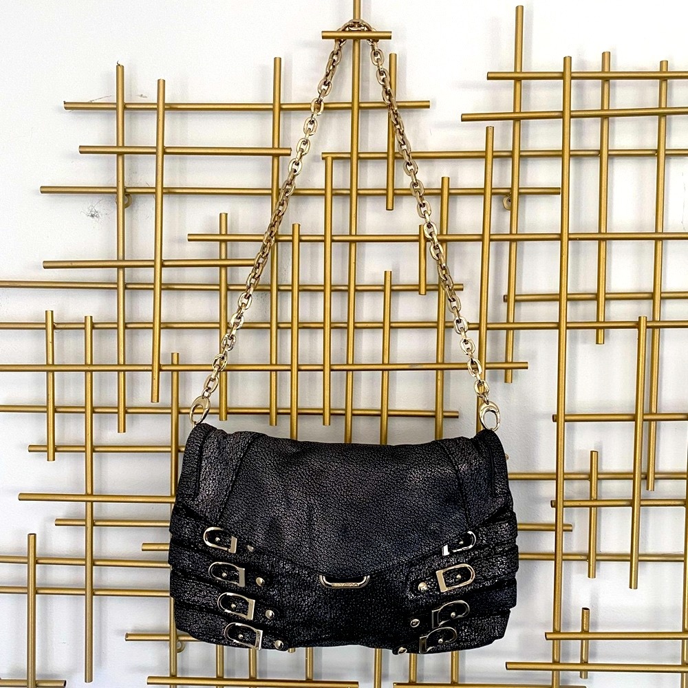 JIMMY CHOO new beautiful MOTO bag black glimmer clutch/shoulder buckles bag H99